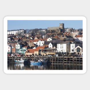 Fishing boats moored along Scarborough Sea Front, Yorkshire, UK Sticker